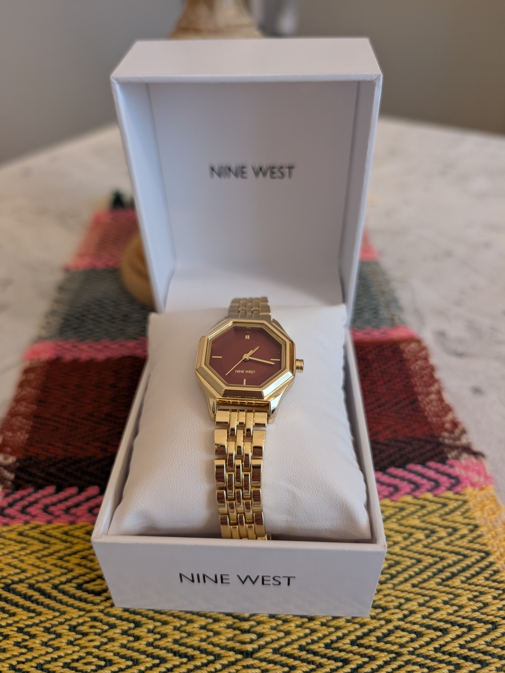 Nine West Women’s Gold Bracelet Watch with Burgundy Dial